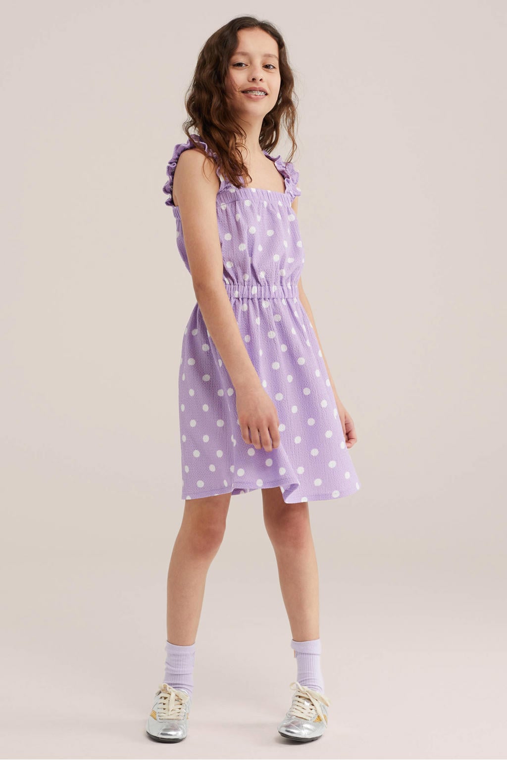 WE Fashion zomerjurk met stippen en ruches - lila