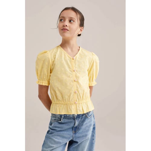 WE Fashion blousetop lichtgeel Meisjes Katoen V-hals Effen