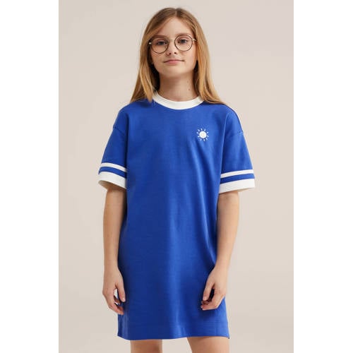 WE Fashion T-shirtjurk met backprint marineblauw Meisjes Katoen Ronde hals - maat 122/128 afbeelding