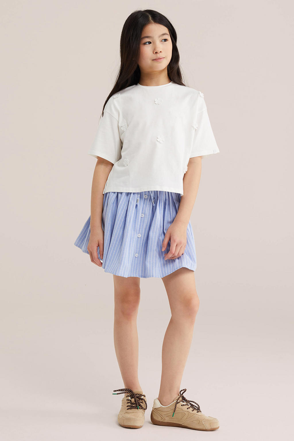 Witte meisjes WE Fashion T-shirt van katoen met effen, korte mouwen, ronde hals en borduursels