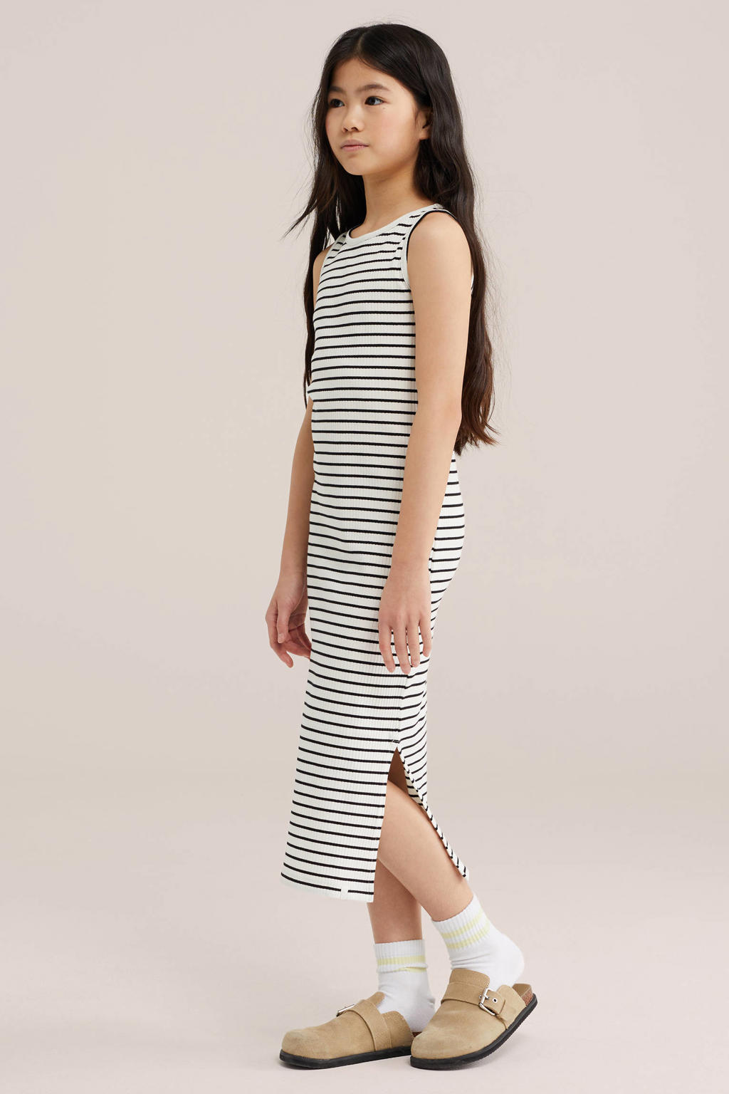 Wit en zwarte meisjes WE Fashion maxi jurk rib gebreid van stretchkatoen met effen en ronde hals