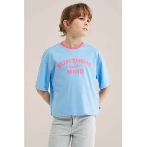 WE Fashion T-shirt lichtgroen Blauw Meisjes Katoen Ronde hals Tekst - maat 158/164 afbeelding