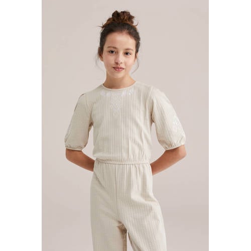 WE Fashion jumpsuit beige Meisjes Katoen Ronde hals Effen