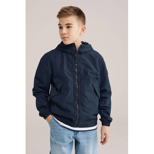WE Fashion tussenjas donkerblauw Jongens Polyamide Capuchon Effen