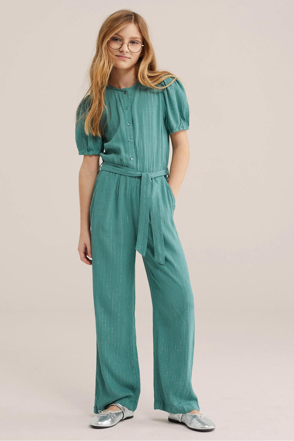 Mintgroene meisjes WE Fashion jumpsuit van viscose met effen, korte mouwen, ronde hals, drukknoopsluiting en elastische boord