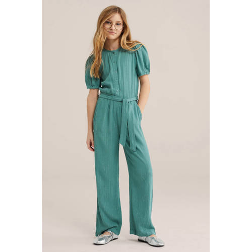 WE Fashion jumpsuit mintgroen Meisjes Viscose Ronde hals Effen - maat 158 - glitter afbeelding