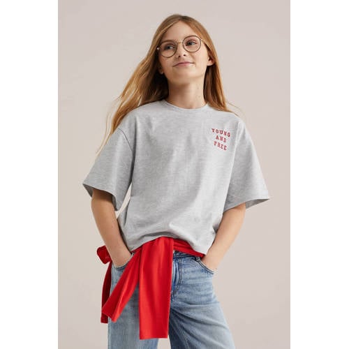 WE Fashion T-shirt met backprint grijs melange Meisjes Katoen Ronde hals - maat 170/176 afbeelding