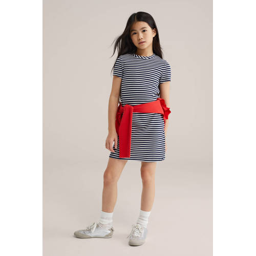 WE Fashion gestreepte t-shirtjurk donkerblauw Meisjes Stretchkatoen Ronde hals - maat 122/128 afbeelding