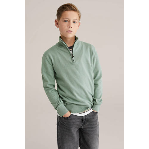 WE Fashion trui fijn gebreid groen Jongens Katoen Opstaande kraag Effen - maat 98/104 afbeelding