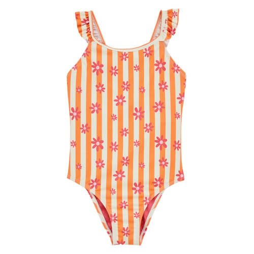 WE Fashion gebloemd badpak met ruches oranje/wit/roze Meisjes Polyester - maat 98/104 afbeelding