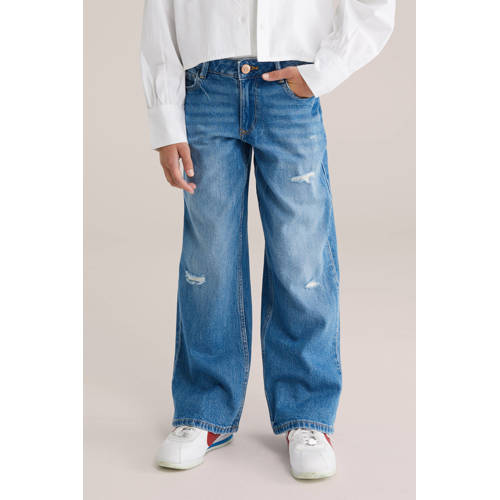 WE Fashion wide leg jeans medium blue denim Blauw Effen - maat 140 afbeelding