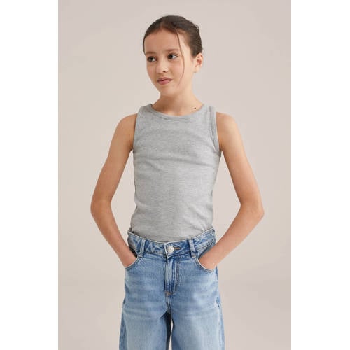 WE Fashion mouwloze top rib gebreid Grijs Meisjes Katoen Ronde hals Effen