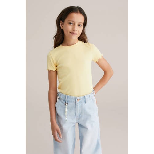 WE Fashion T-shirt rib gebreid lichtgeel Meisjes Katoen Ronde hals Effen