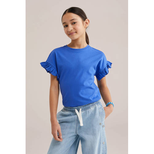WE Fashion T-shirt blauw Meisjes Katoen Ronde hals Effen - maat 158/164 afbeelding