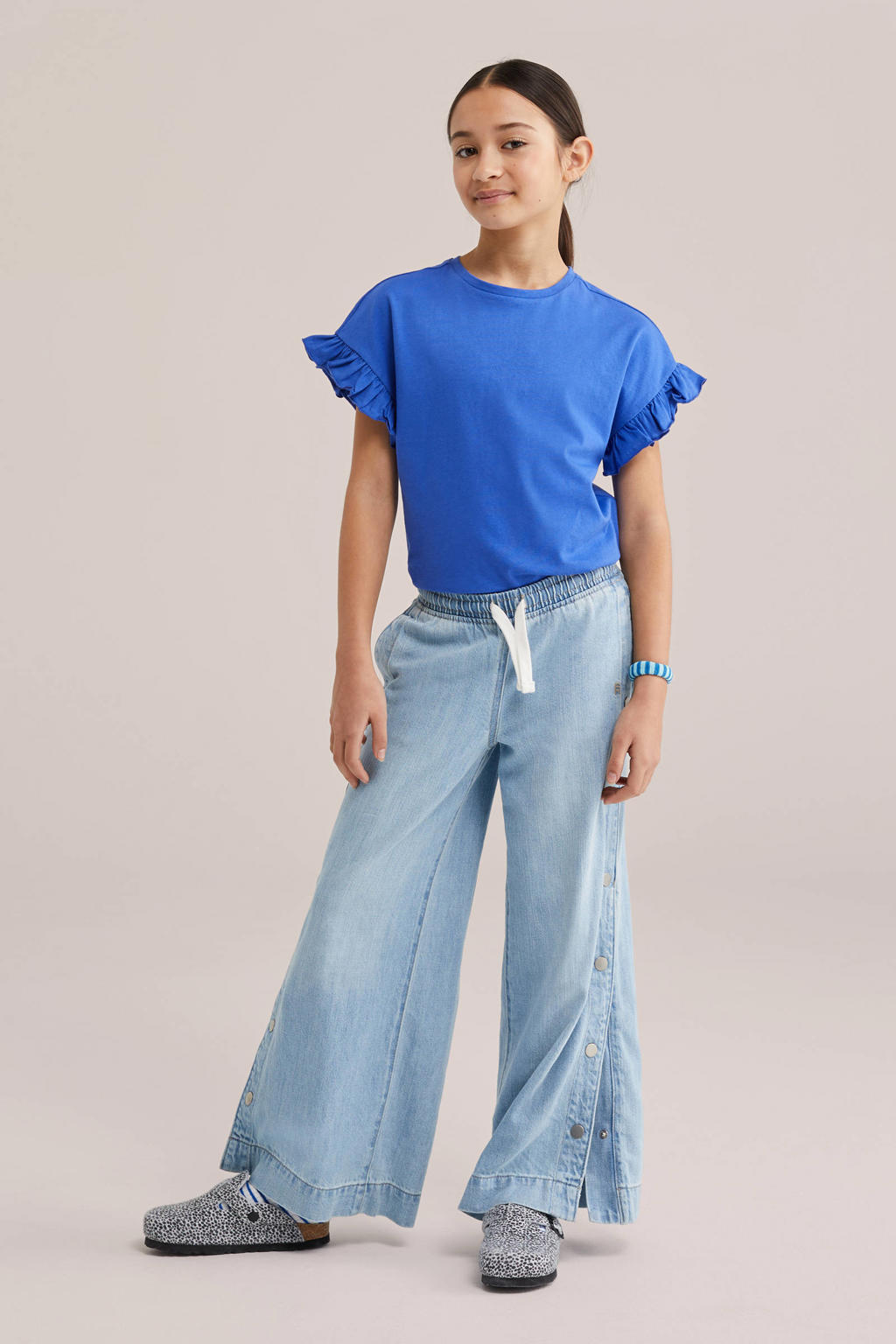 Blauwe meisjes WE Fashion T-shirt van katoen met effen, korte mouwen, ronde hals en ruches