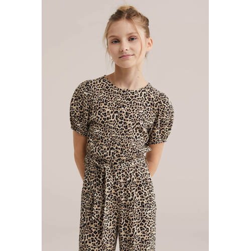 WE Fashion jumpsuit beige met panterprint Meisjes Viscose Ronde hals Panterprint - maat 158 - glitter afbeelding