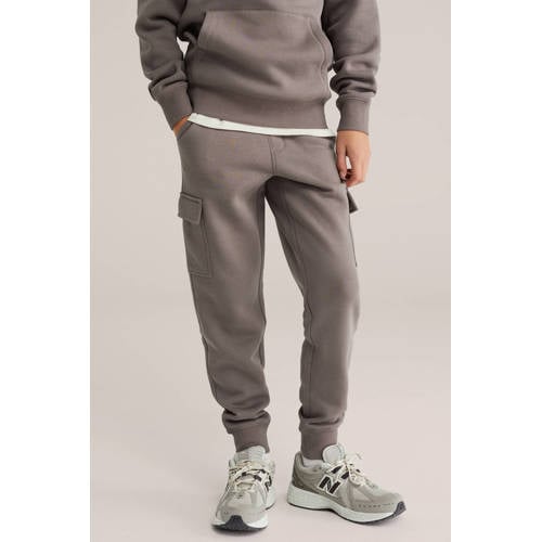 WE Fashion regular cargobroek grijsbruin Jongens Sweat Effen