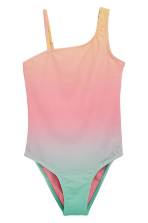 one shoulder bikini oranje/roze/groen