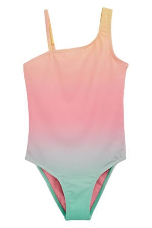 one shoulder bikini oranje/roze/groen