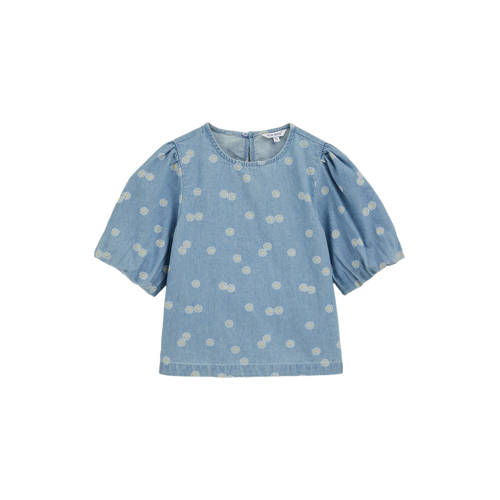 WE Fashion denim gebloemde blousetop light blue denim Blauw All over print - maat 110/116 afbeelding