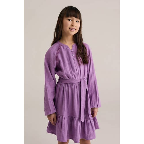WE Fashion korte jurk paars Meisjes Katoen V-hals Effen
