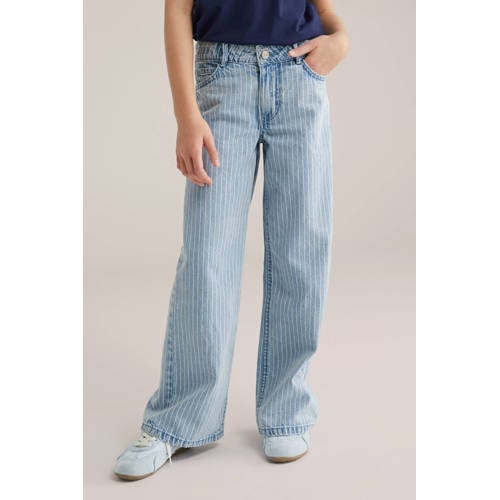 WE Fashion gestreepte wide leg jeans light blue denim Blauw Streep - maat 134 afbeelding