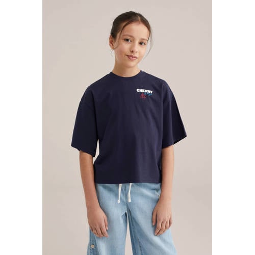 WE Fashion T-shirt met backprint donkerblauw Meisjes Katoen Ronde hals - maat 122/128 afbeelding
