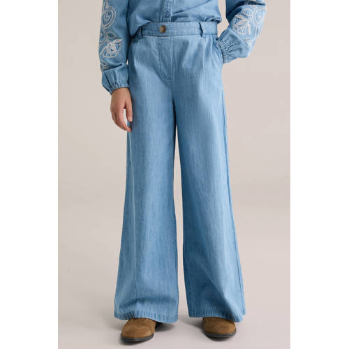 WE Fashion high waist wide leg jeans light blue denim Blauw Effen - maat 134 afbeelding