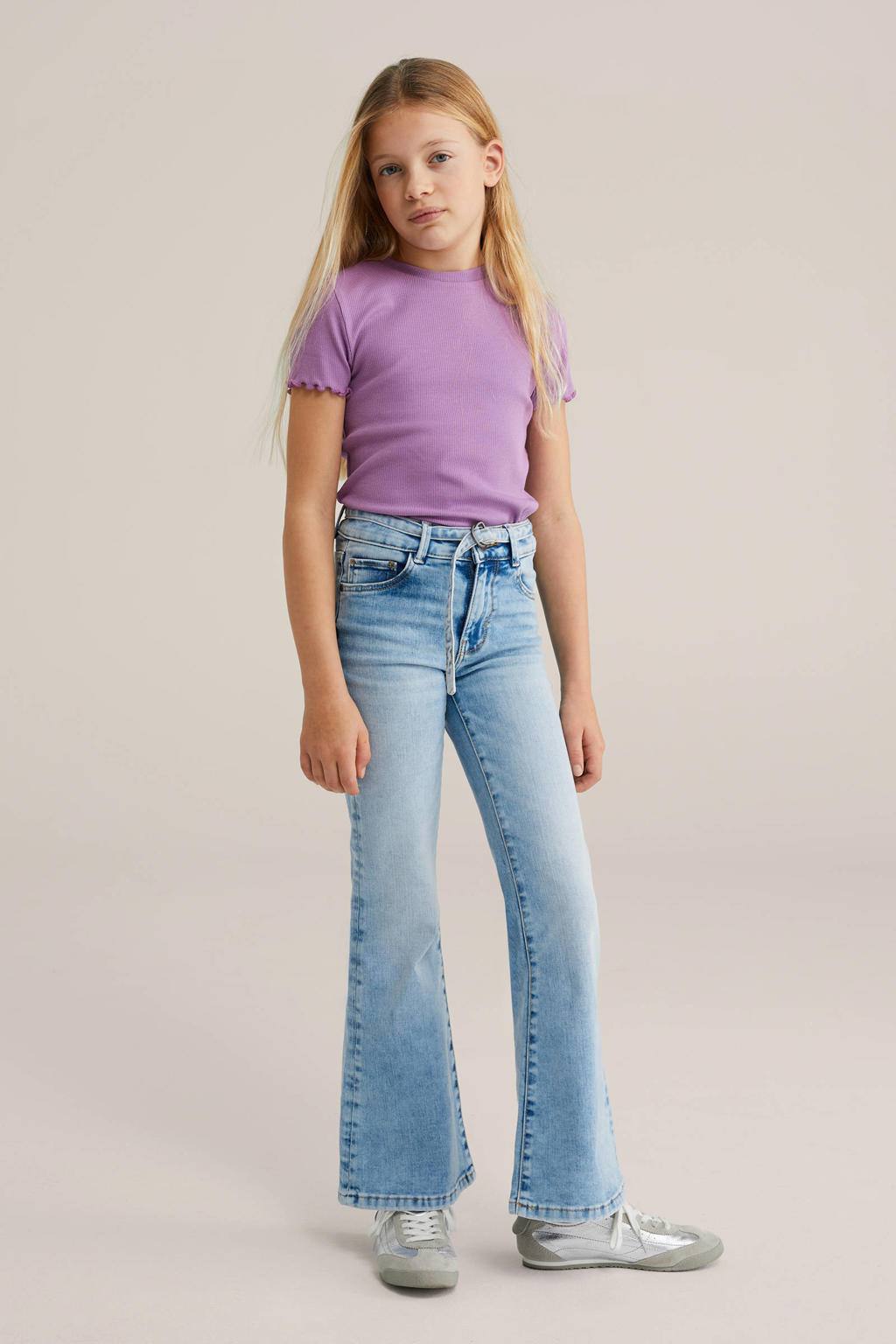Paarse meisjes T-shirt rib gebreid van katoen met effen, korte mouwen en ronde hals