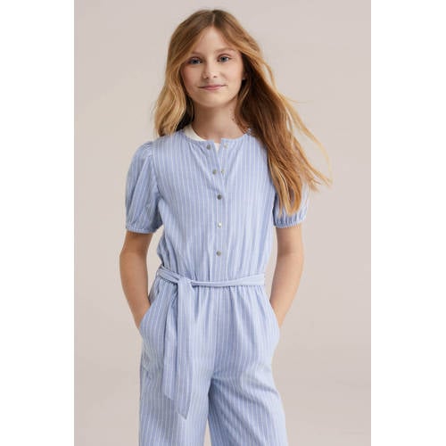 WE Fashion gestreepte Straight jumpsuit lichtblauw Meisjes Katoen Ronde hals - maat 128 afbeelding