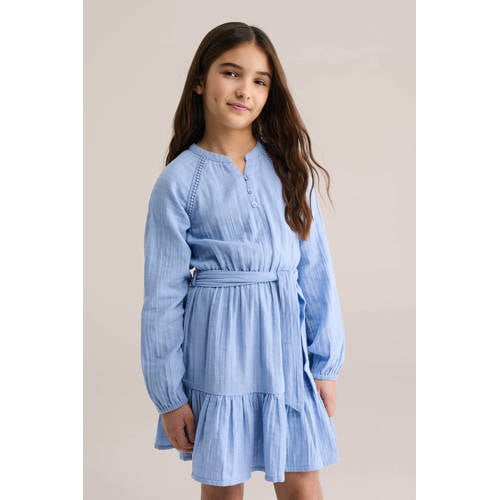 WE Fashion korte jurk blauw Meisjes Katoen V-hals Effen