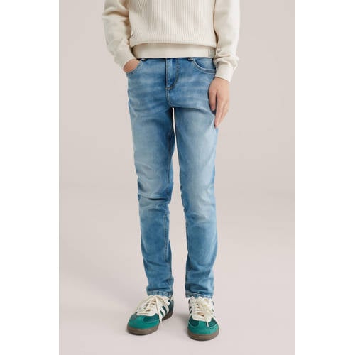 WE Fashion slim fit jeans medium blue denim Blauw Jongens Stretchdenim - maat 140 afbeelding