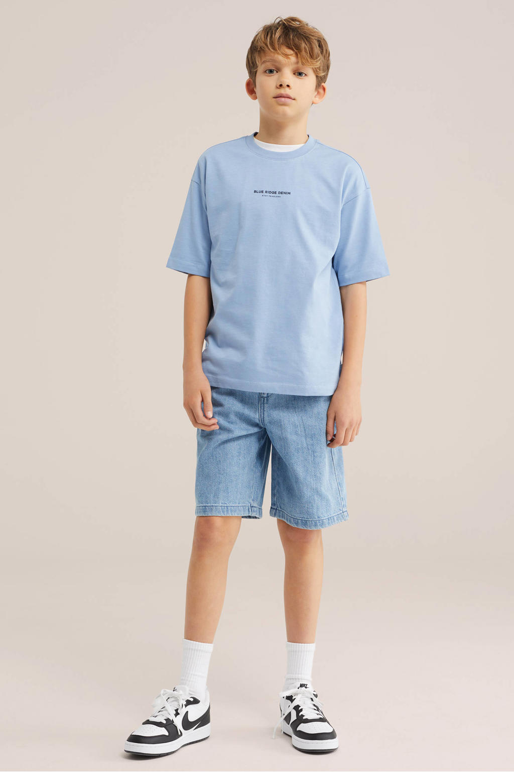 Lichtblauwe jongens WE Fashion Blue Ridge T-shirt van katoen met effen, korte mouwen en ronde hals