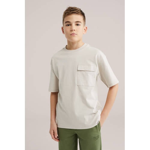 WE Fashion T-shirt beige Jongens Katoen Ronde hals Effen - maat 122/128 afbeelding
