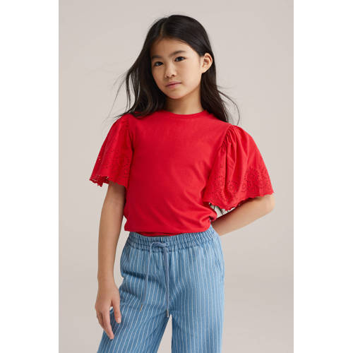 WE Fashion T-shirt rood broderie Meisjes Katoen Ronde hals Effen - maat 110/116 afbeelding