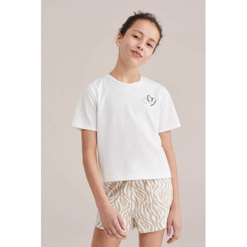 WE Fashion shortama - set van 2 beige/zwart/wit Multi Meisjes Stretchkatoen Ronde hals