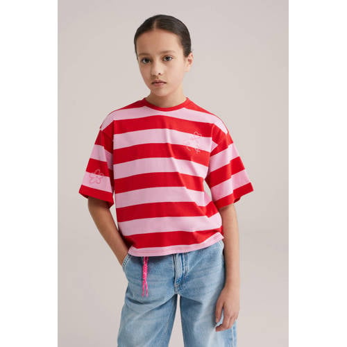 WE Fashion gestreepte T-shirt roze Meisjes Katoen Ronde hals Streep - maat 98/104 afbeelding
