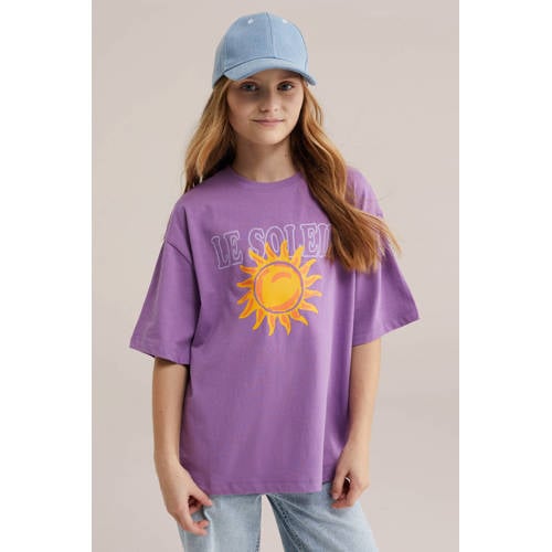 WE Fashion T-shirt paars Meisjes Katoen Ronde hals Printopdruk - maat 122/128 afbeelding