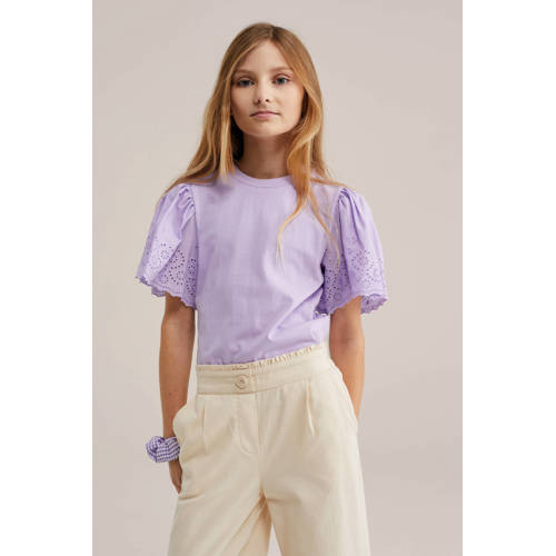WE Fashion T-shirt lila broderie Paars Meisjes Katoen Ronde hals Effen - maat 146/152 afbeelding
