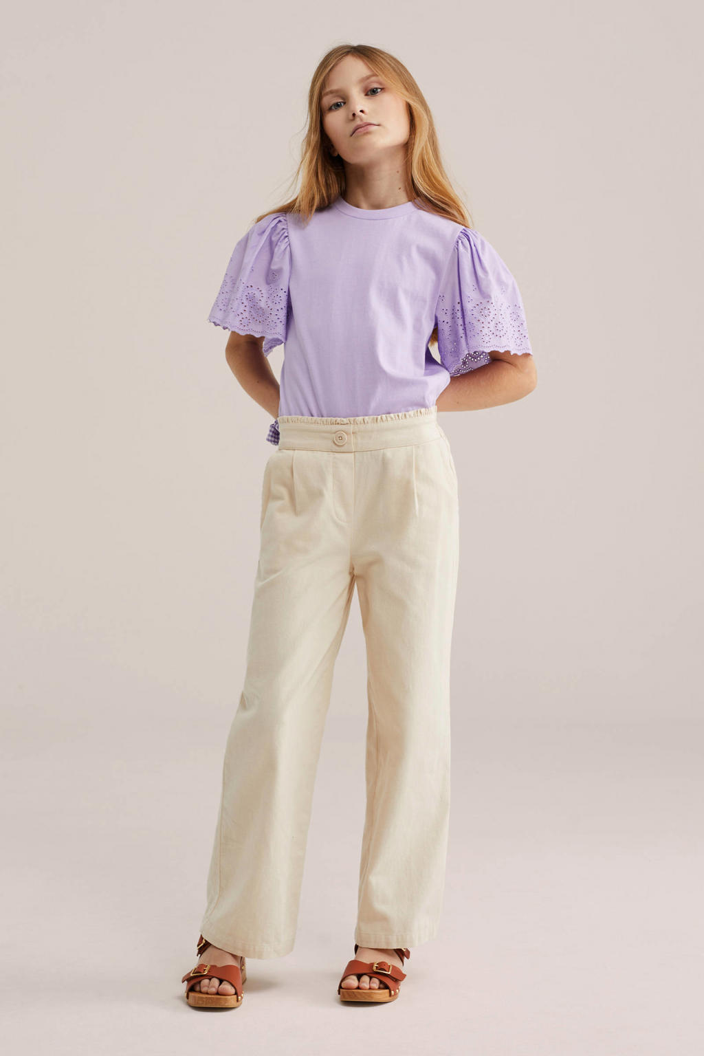 Lilakleurige meisjes WE Fashion T-shirt broderie van katoen met effen, korte mouwen en ronde hals