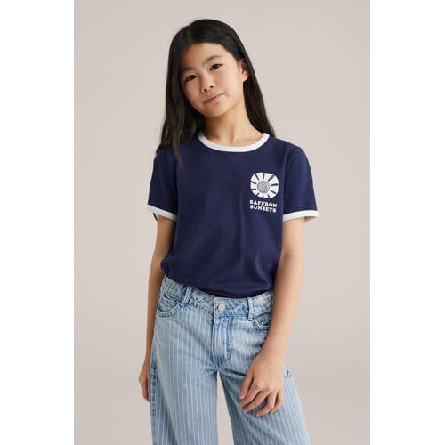 WE Fashion T-shirt donkerblauw Meisjes Stretchkatoen Ronde hals Printopdruk - maat 134/140 afbeelding
