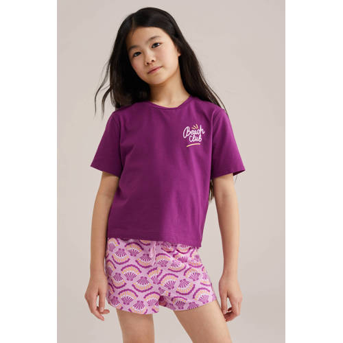 WE Fashion shortama - set van 2 paars / wit / oranje Multi Meisjes Stretchkatoen Ronde hals