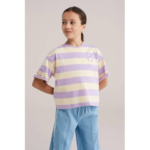 WE Fashion gestreepte T-shirt lila Paars Meisjes Katoen Ronde hals Streep - maat 158/164 afbeelding
