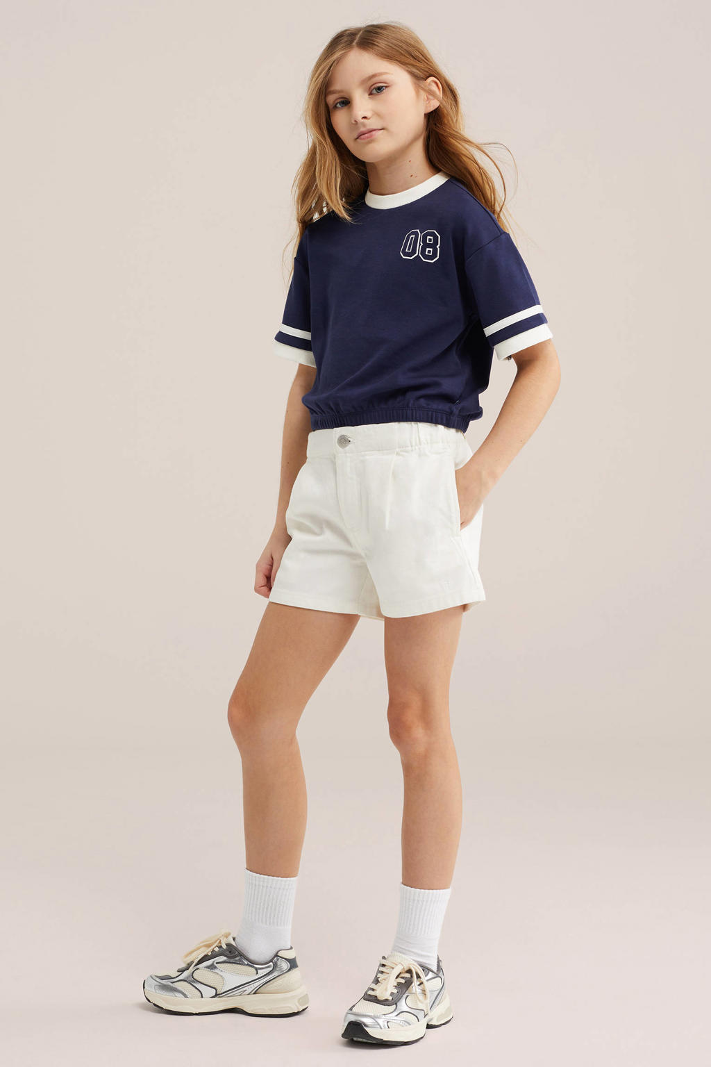 Donkerblauwe meisjes WE Fashion T-shirt van katoen met backprint, korte mouwen en ronde hals