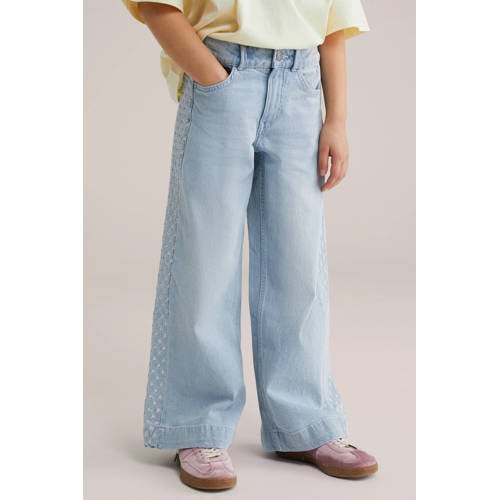 WE Fashion high waist wide leg jeans light blue denim Blauw Effen - maat 128 afbeelding