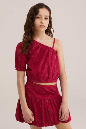 one shoulder top met stippen rood
