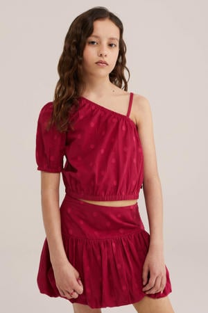one shoulder top met stippen rood