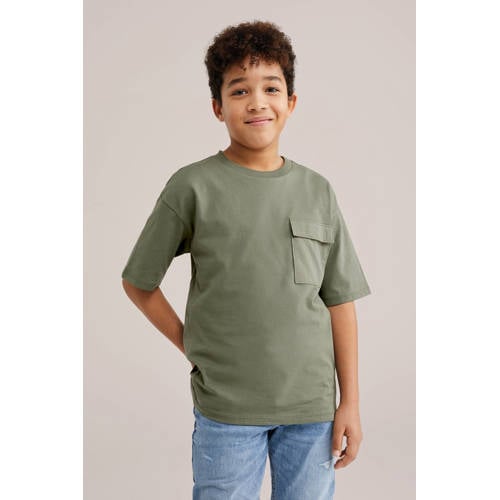 WE Fashion T-shirt olijfgroen Jongens Katoen Ronde hals Effen - maat 170/176 afbeelding