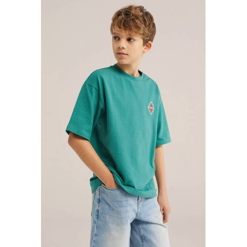 WE Fashion T-shirt groen met textuur Jongens Stretchkatoen Ronde hals Effen - maat 98/104 afbeelding