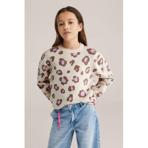 WE Fashion trui met panterprint beige fijn gebreid Meisjes Viscose Ronde hals - maat 98/104 afbeelding